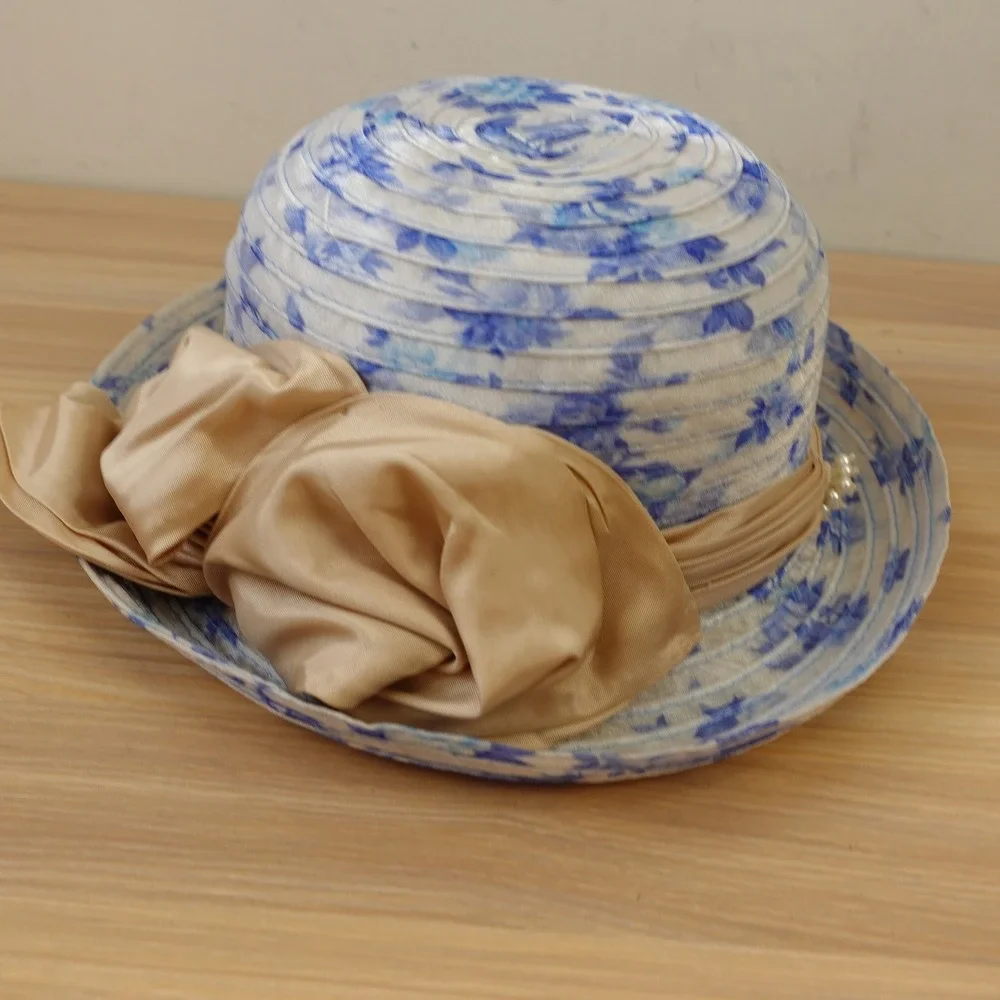 Vintage Kentucky Derby Hat Blue Breton Church Floral Organza Bow Pearl Brooch - Picture 2 of 11